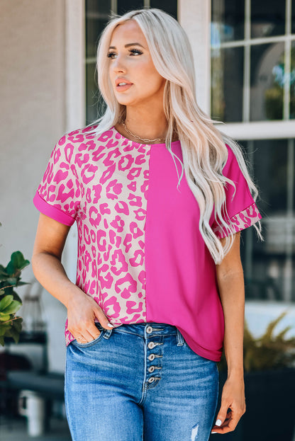 Half Leopard Patchwork Short Sleeves Top | Rose