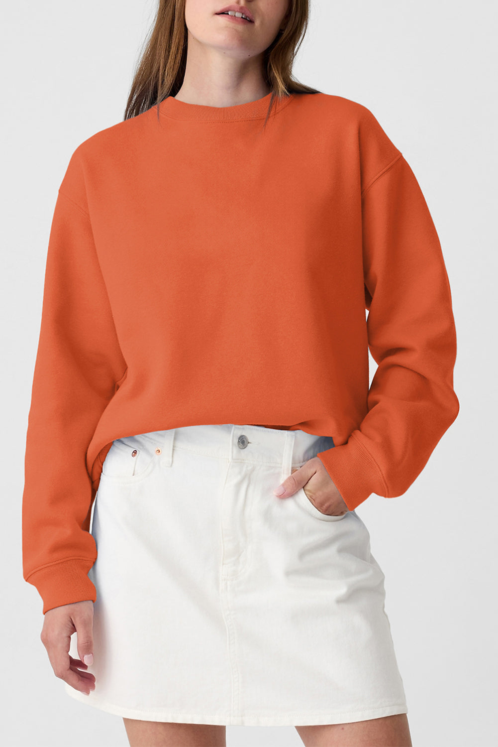 Plain Drop Shoulder Crewneck Pullover Sweatshirt | Orange