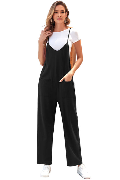 Pocketed Adjustable Spaghetti Strap Straight Leg Jumpsuit | Black