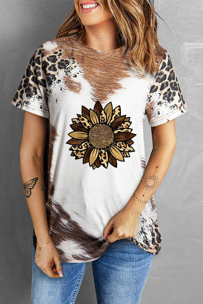 Leopard Bleached Sunflower Graphic Crewneck T Shirt | Chestnut