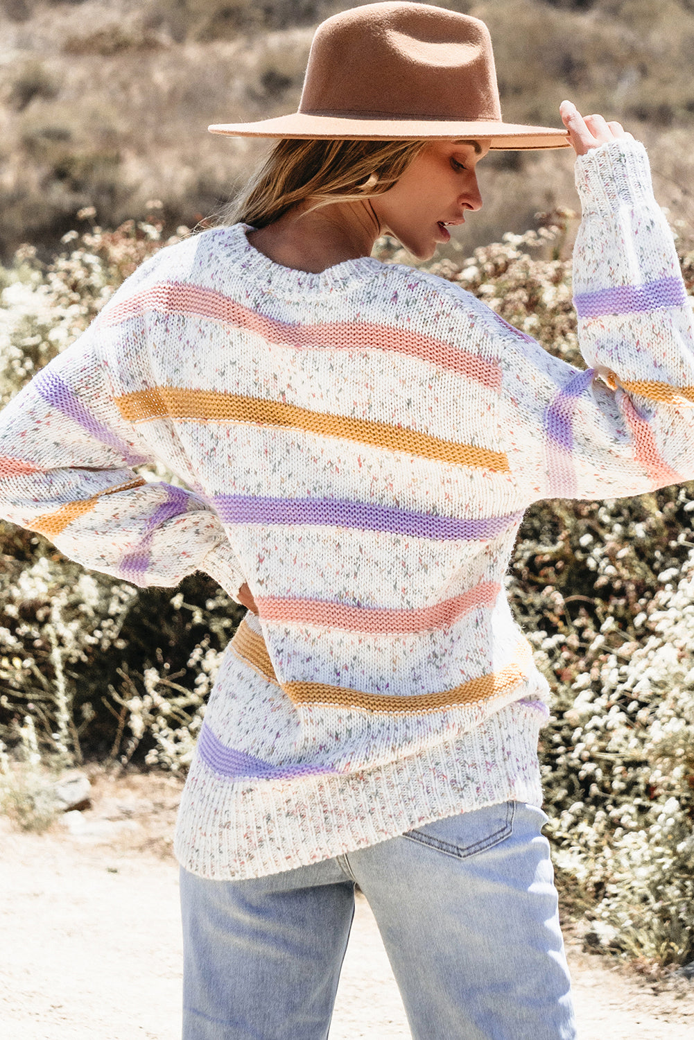 Colourblock Confetti Stripe Lantern Sleeve Sweater | White