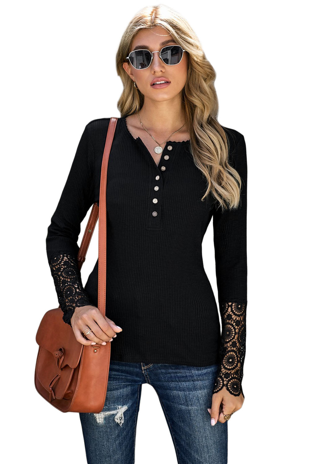 Crochet Lace Hem Sleeve Button Top | Black