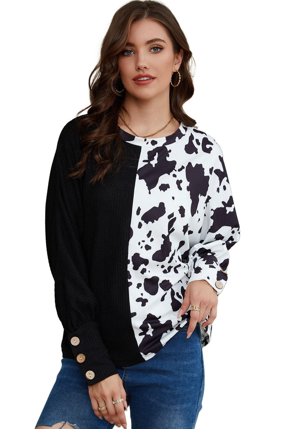 Cow Patchwork Waffle Knit Long Sleeve Top | Black