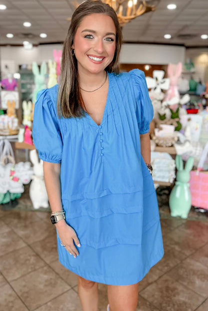 Solid Colour Pleated Puff Short Sleeve Shift Dress | Blue