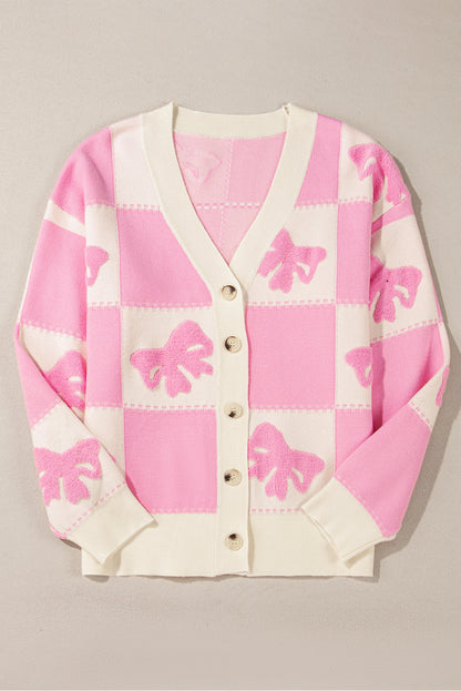 Bowknot Checkered Pattern V Neck Drop Shoulder Button Up Cardigan | Pink