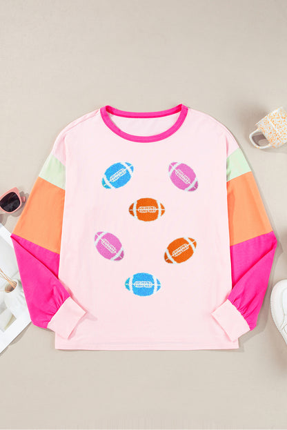 Game Day Rugby Football Graphic Colour Block Sleeve Top | Pink