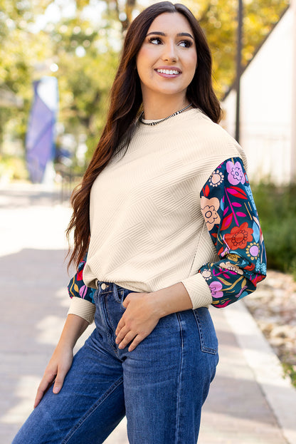 Contrast Floral Sleeve Textured Drop Shoulder Knit Top | White