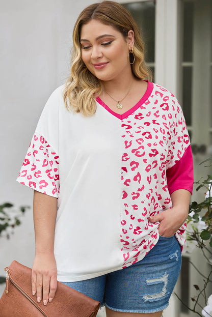 Plus Size Leopard Patchwork Short Sleeve Top | Rose