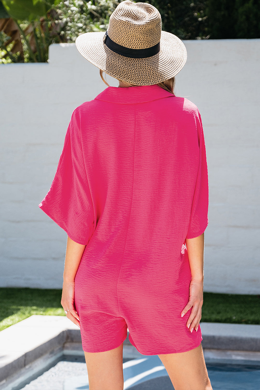 Half Button Collared Loose Romper | Bright Pink