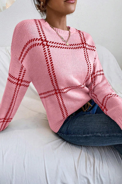 Plaid Pattern Knitted Drop Shoulder Sweater | Pink