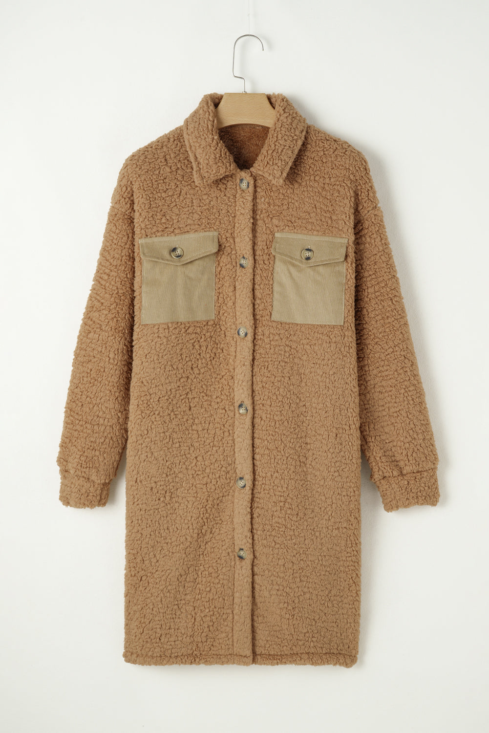 Contrast Flap Pocket Single Breasted Teddy Coat | Khaki