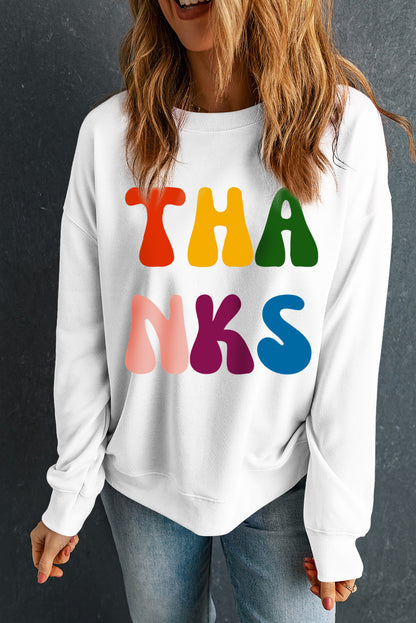 Thanks Printed Crewneck Drop Shoulder Sweatshirt | Beige