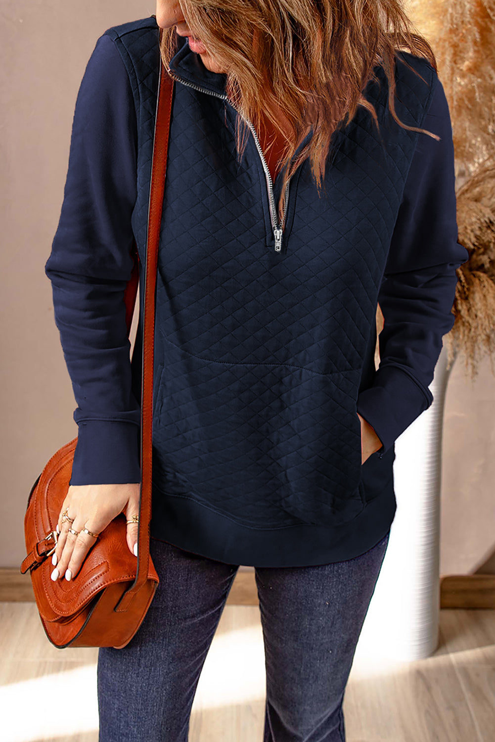 Navy Stand Neck Waffle Zip Up Sweatshirt | Blue