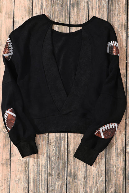 Sequined Rugby Football Graphic Open Back Sweatshirt | Black