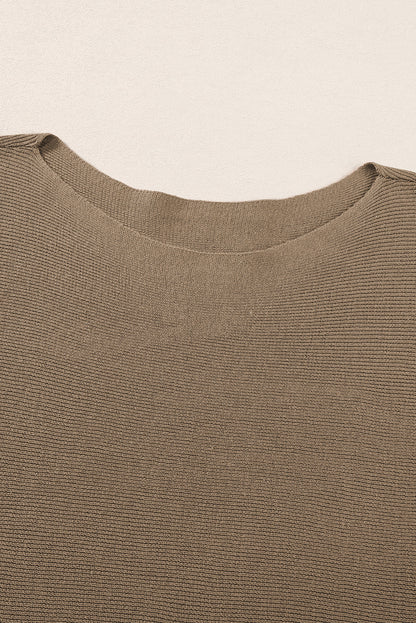 Round Neck Half Sleeve Ribbed Knit Top | Coffee