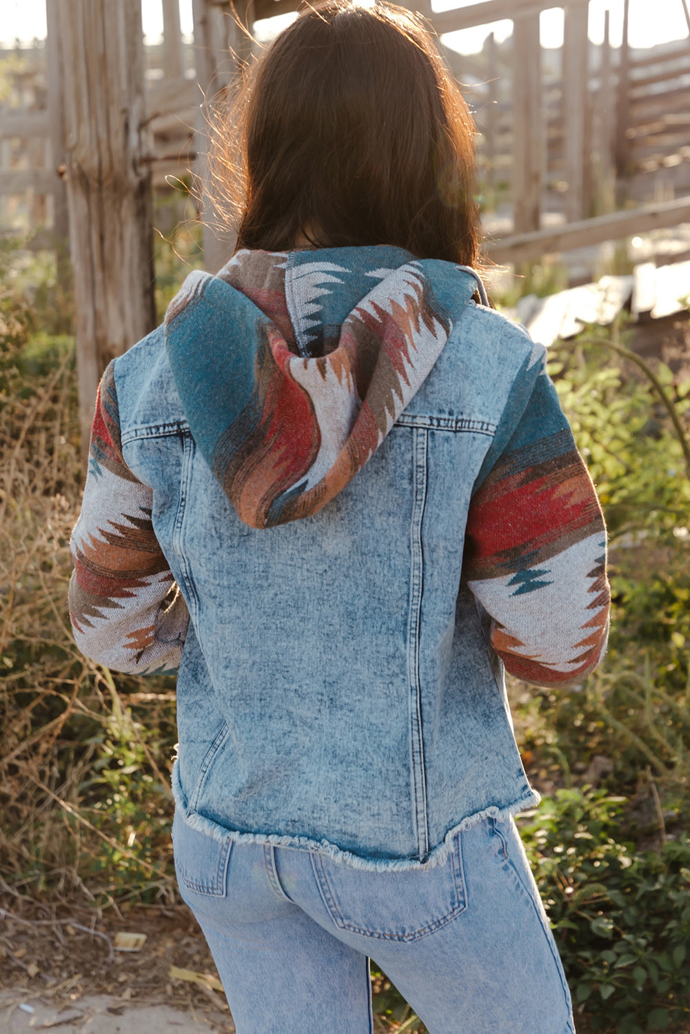 Aztec Print Frayed Hem Denim Jacket | Multicolour