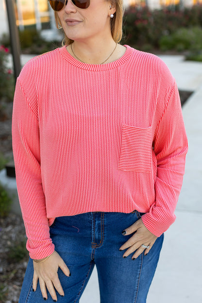 Plus Size Ribbed Textured Long Sleeve T Shirt | Peach Blossom