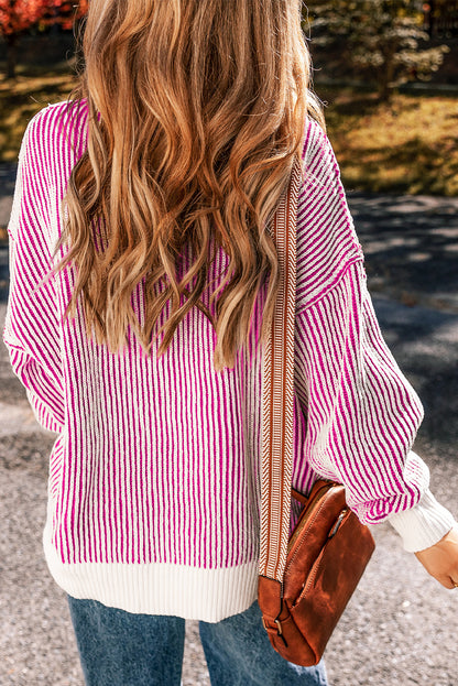 Striped Textured Knit Contrast Edge Loose Sweater | Bright Pink