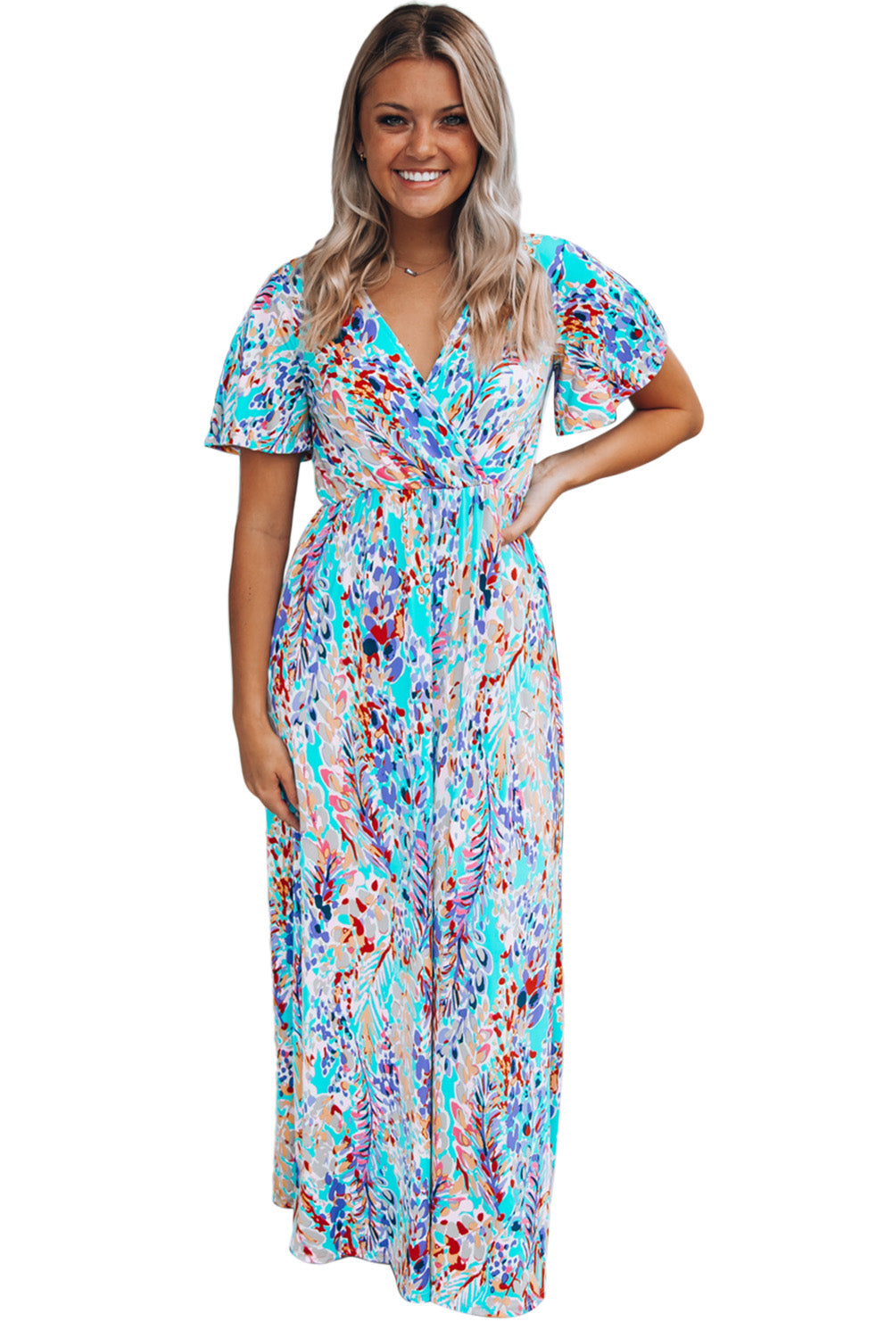 Wrap V Neck Floral Maxi Dress | Green