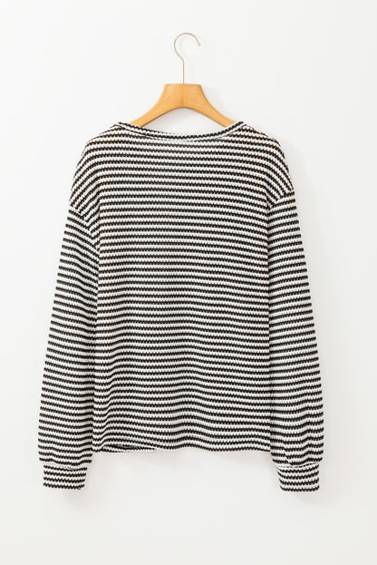 Round Neck Drop Shoulder Long Sleeve Top | Black Stripe