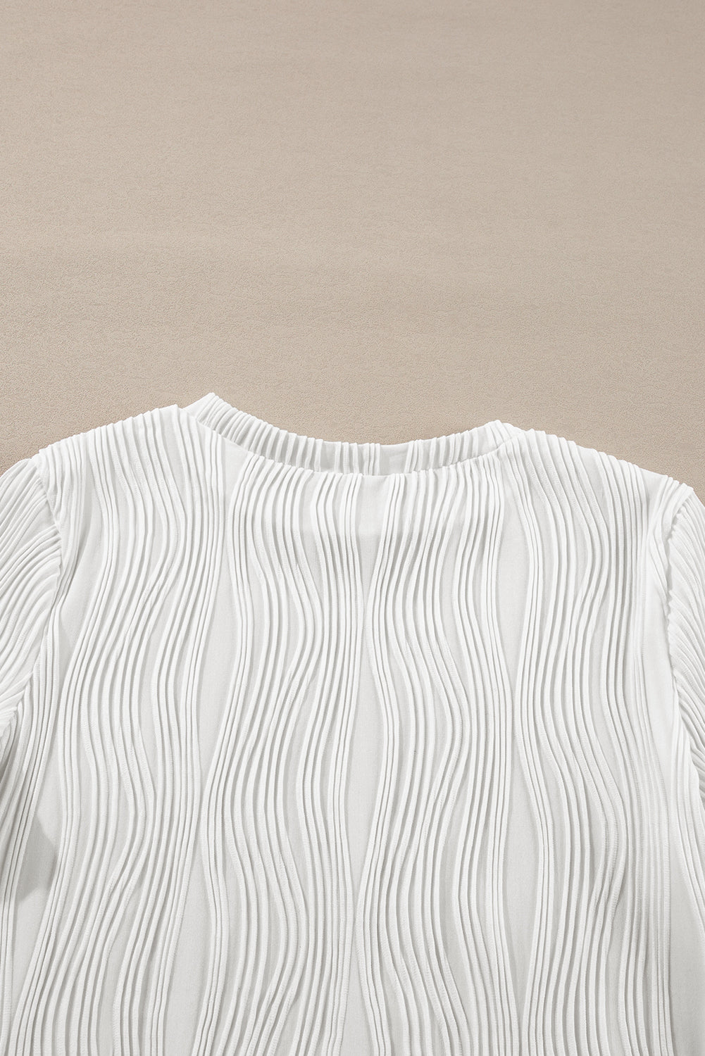 Textured Wavy Round Neck Long Sleeve Top | White