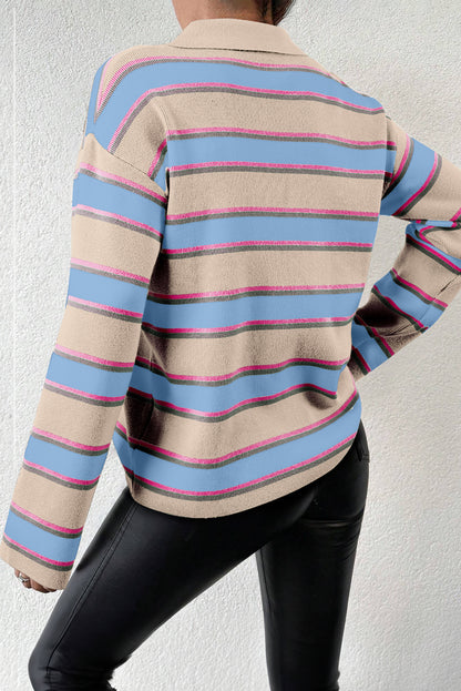 Collared V Neck Drop Shoulder Loose Sweater | Apricot Stripe