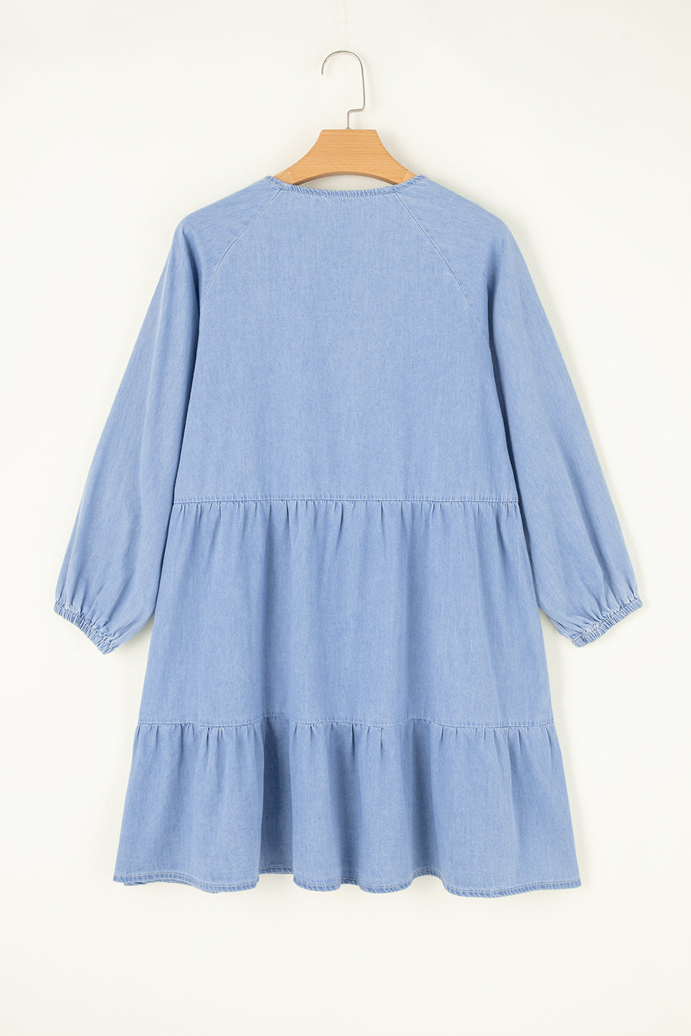 Puff Sleeve V Neck Tiered Ruffled Chambray Mini Dress | Beau Blue