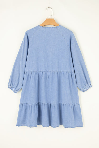 Puff Sleeve V Neck Tiered Ruffled Chambray Mini Dress | Beau Blue