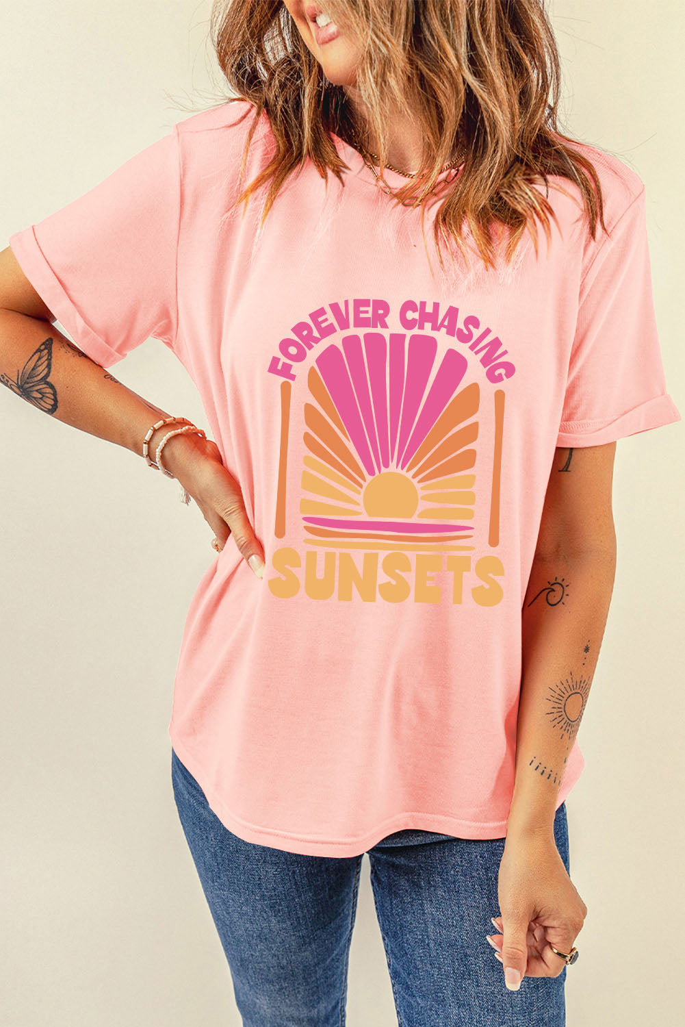 Forever Chasing Sunset Graphic T Shirt | Pink