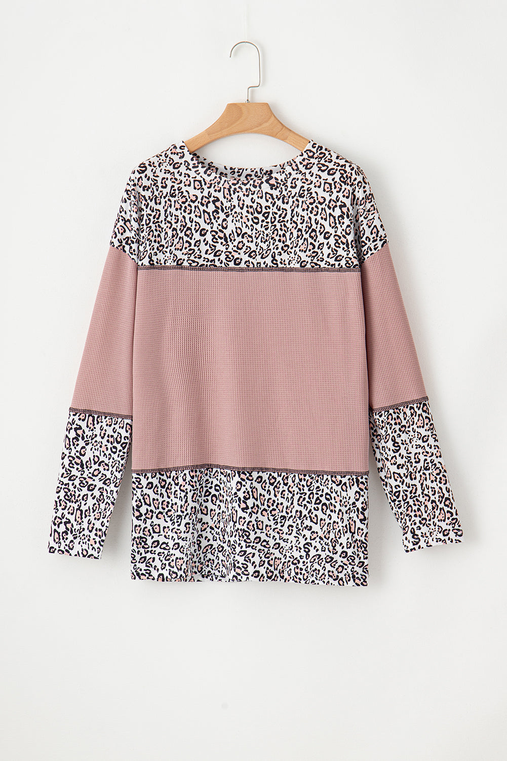 Leopard Print Waffle Knit Patchwork Top | Light Pink