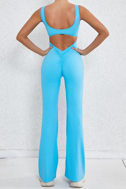 Solid Cut Out Backless Wide Leg Yoga Jumpsuit | Sky Blue