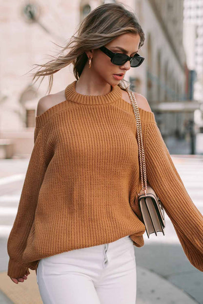 Crew Neck Cold Shoulder Hollow-Out Back Sweater | Brown