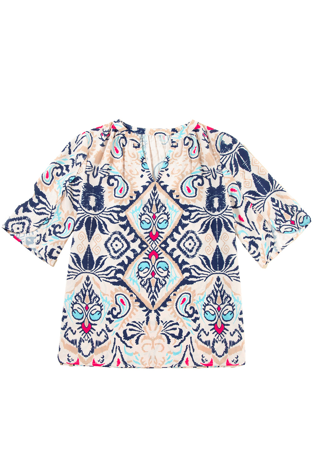 Abstract Printed Notched V Neck Split Half Sleeve Blouse | White