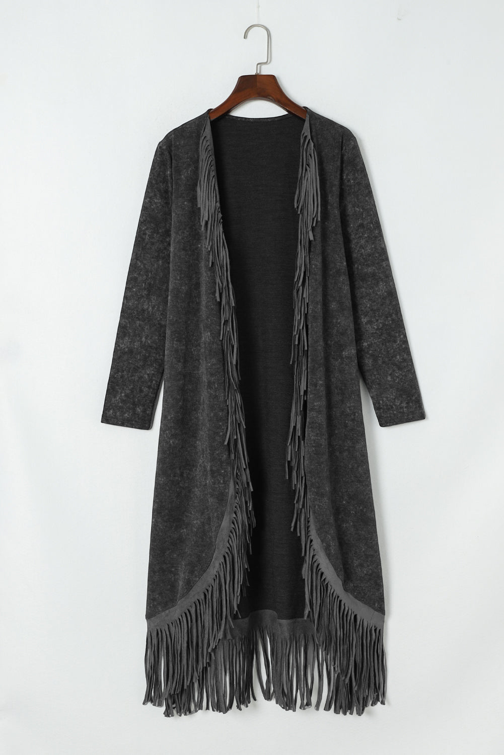 Fringed Hem Pocketed Open Cardigan | Black