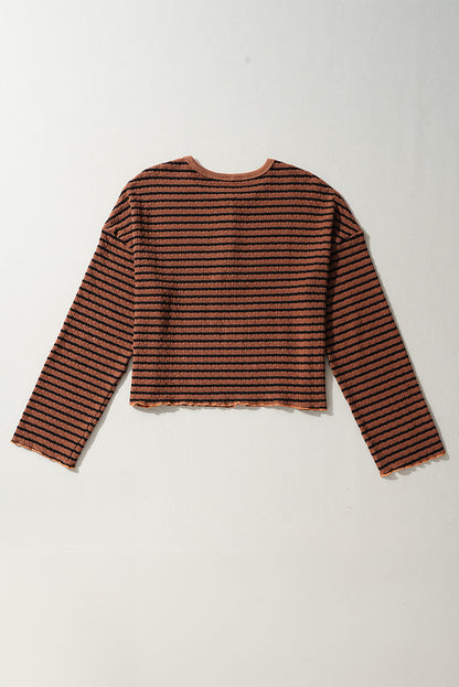 Textured Frilly Trim Buttons Henley Long Sleeve Top | Brown Stripe