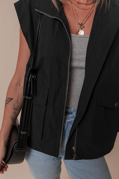 Flap Pockets Zip Up High Neck Vest | Black