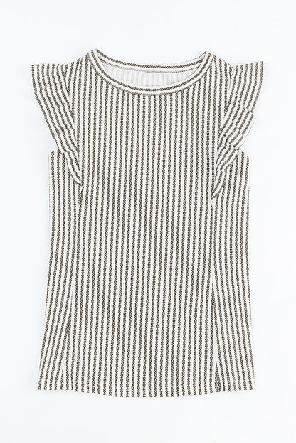 Crew Neck Ruffled Striped Tank Top | Gray