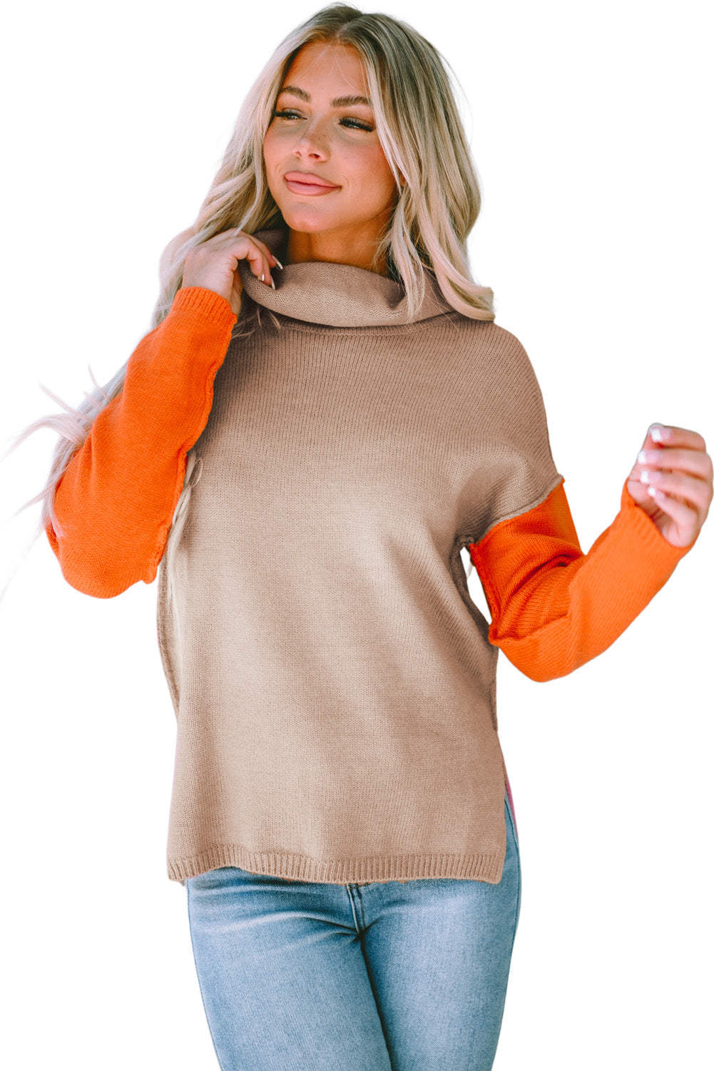 Colour Block Turtle Neck Drop Shoulder Knit Sweater | Khaki