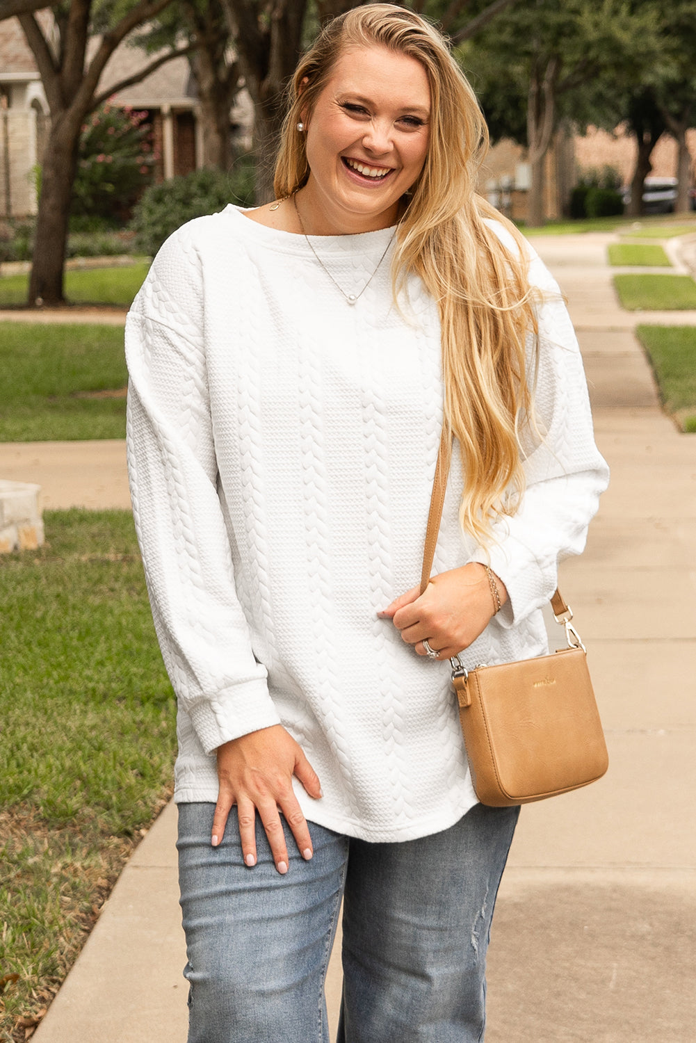 Cable Textured Loose Plus Size Sweatshirt | White