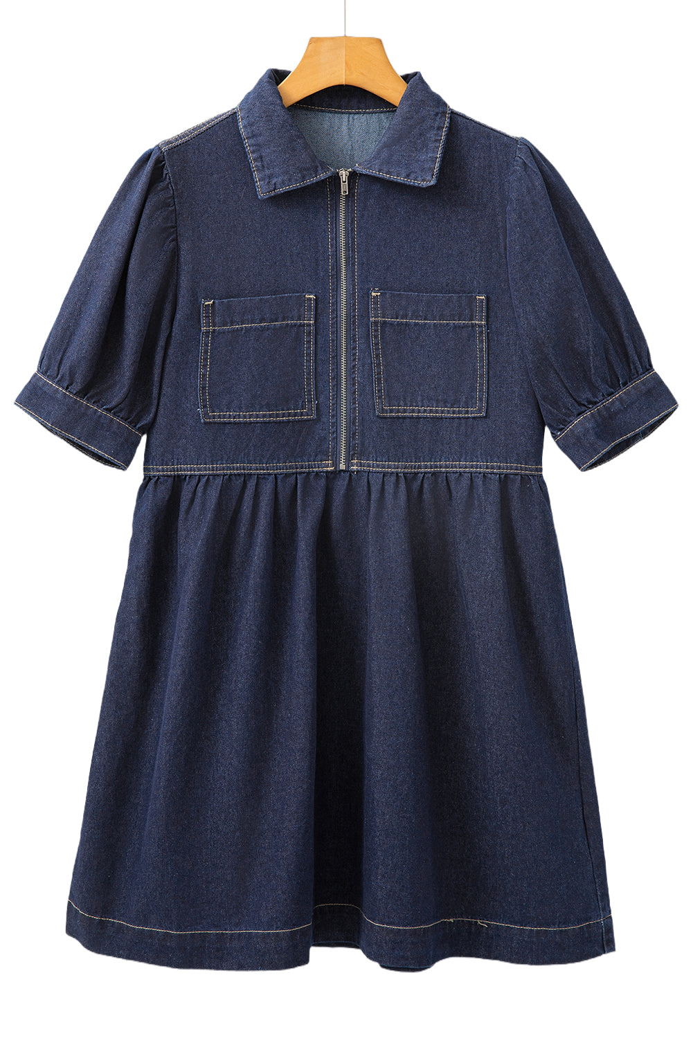 Dirty Blue Zipped Up Bodice Collared Short Puff Sleeve Denim Dress | Dirty blue