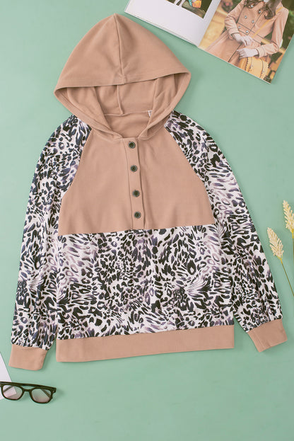 Print Buttoned Neckline Raglan Sleeve Hoodie | Leopard