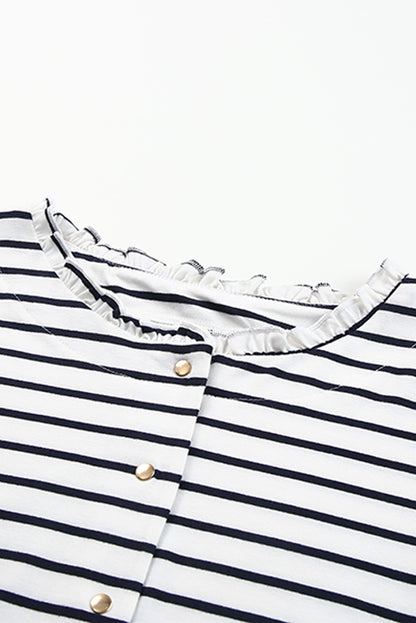 Striped Print Ruffled Buttoned Long Sleeve Top | White