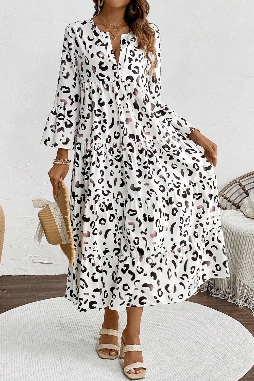 Leopard Print Notch V Neck Loose Fit Maxi Dress | White