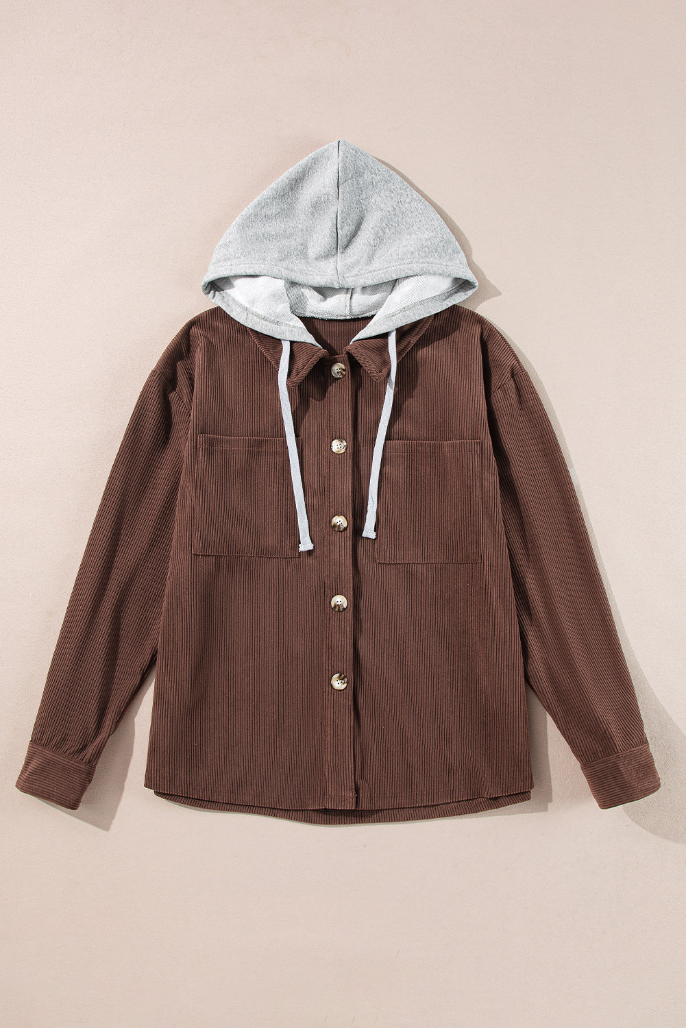 Hooded Drawstring Pockets Corduroy Shacket | Coffee