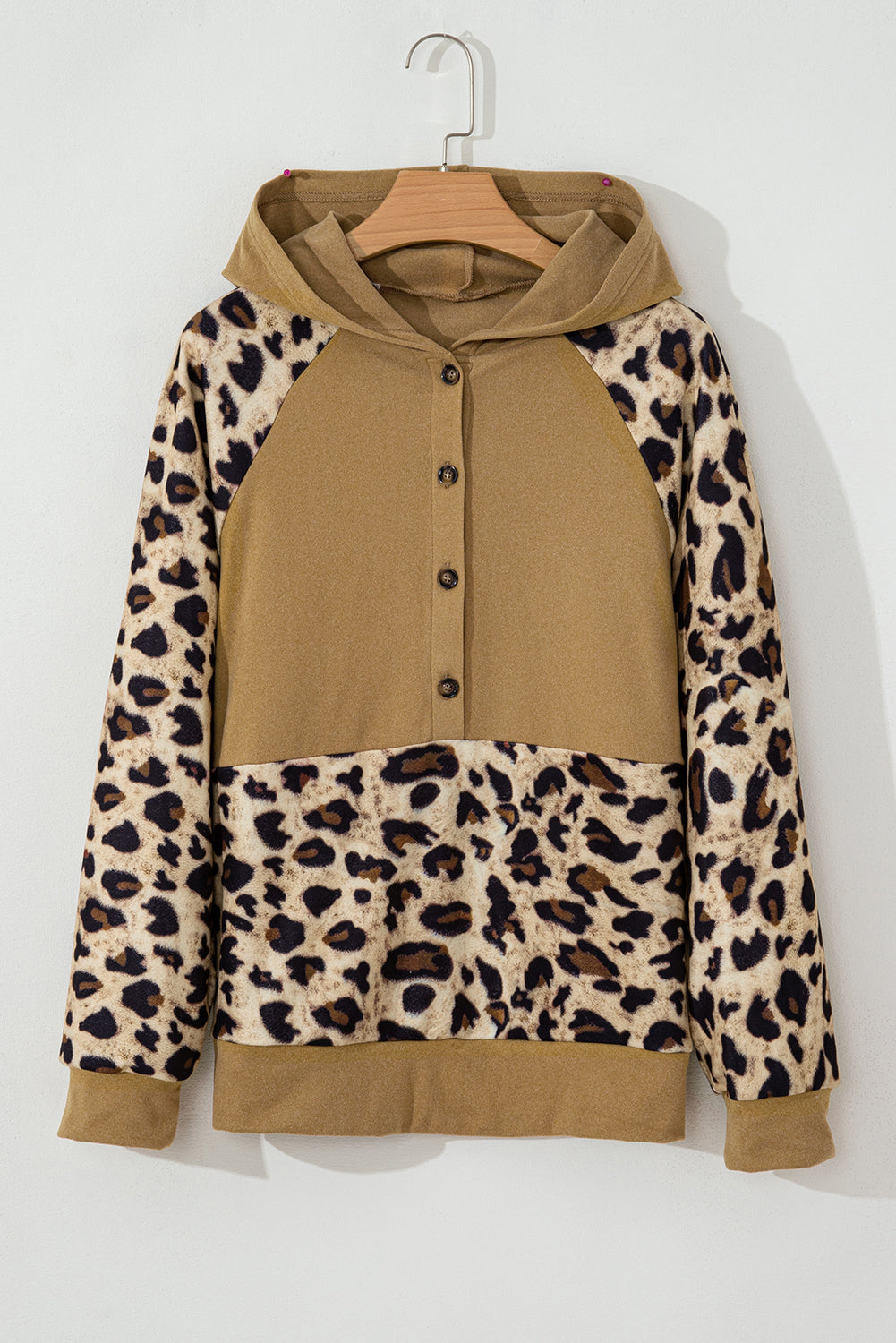 Leopard Print Patchwork Raglan Sleeve Half Buttons Hoodie | Light French Beige