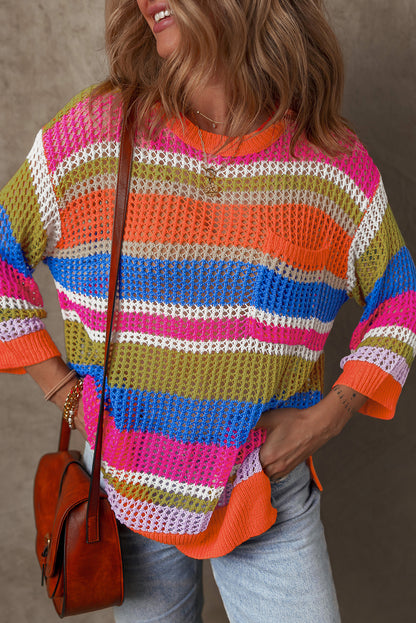 Colourblock Hollowed Crochet 3/4 Sleeve Sweater | Orange Stripe