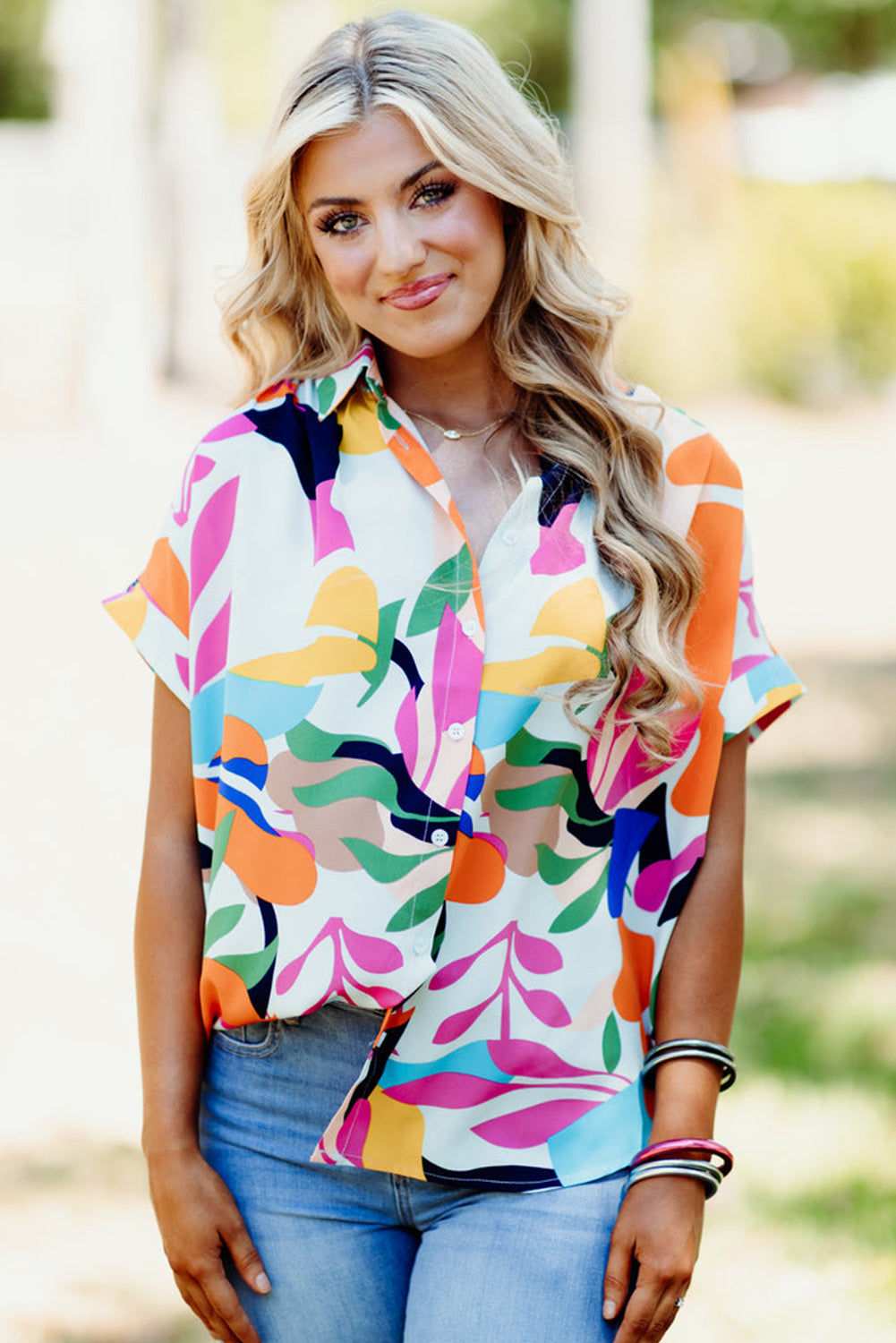 Abstract Leafy Print Short Sleeve Shirt | Multicolour