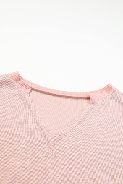 Raw Cut Notched Neck Plus Size French Terry Hoodie | Pink