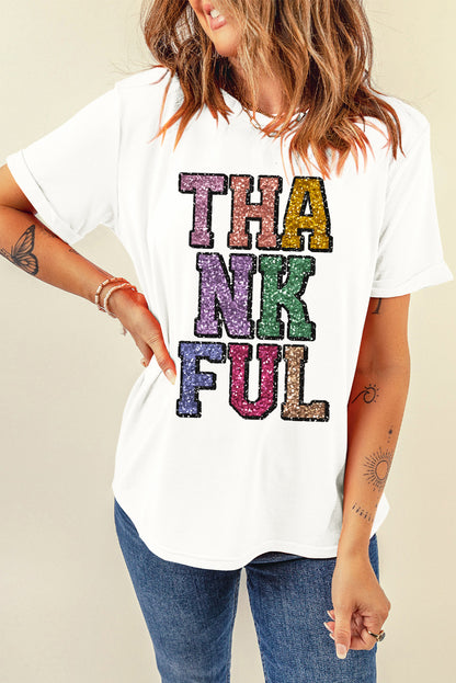 Heat-Transfer Printed Thankful Letter Graphic T Shirt | White