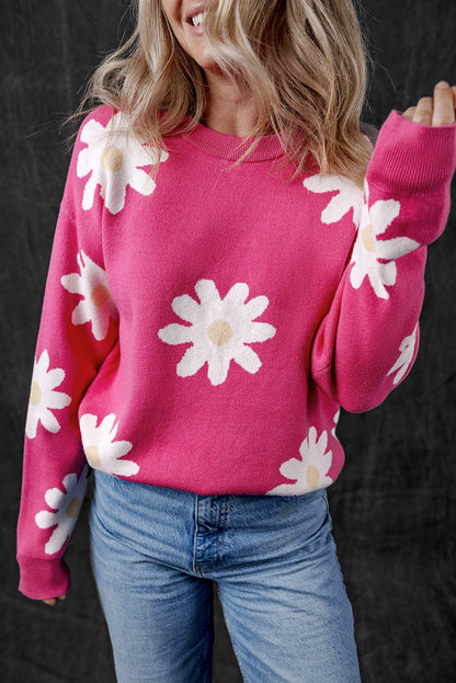 Daisy Flower Crew Neck Long Sleeve Sweater | Bright Pink